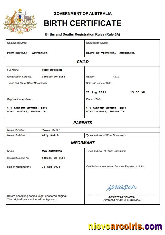 Australia vital record birth certificate